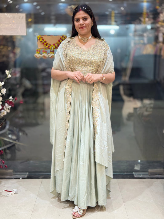 PREMIUM SILK SHORT TOP WITH BEAUTIFUL SHRUG DESIGNER SKIRT DRES