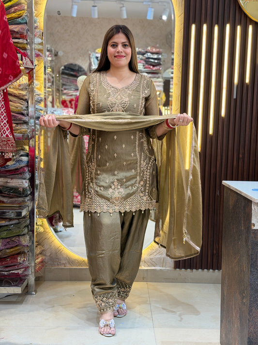 HEAVY HAND WORK FARSHI SALWAR SUIT GREEN