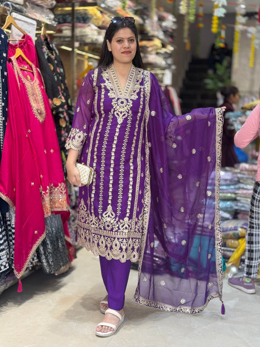 Graceful V-Neck Pakistani Suit – Handcrafted Tilla & Mirror Work in our Jalandhar city
