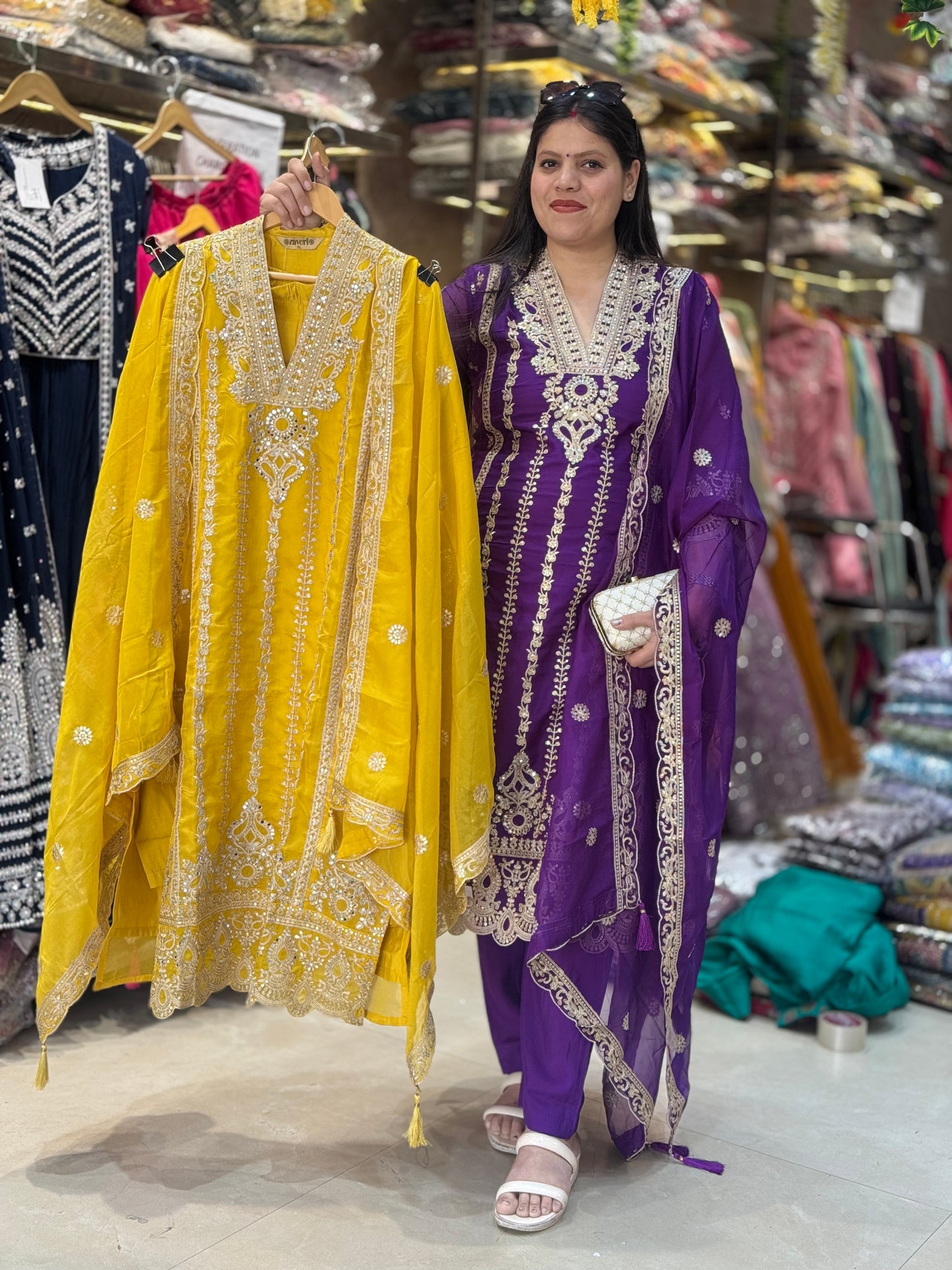 Graceful V-Neck Pakistani Suit – Handcrafted Tilla & Mirror Work in our Jalandhar city