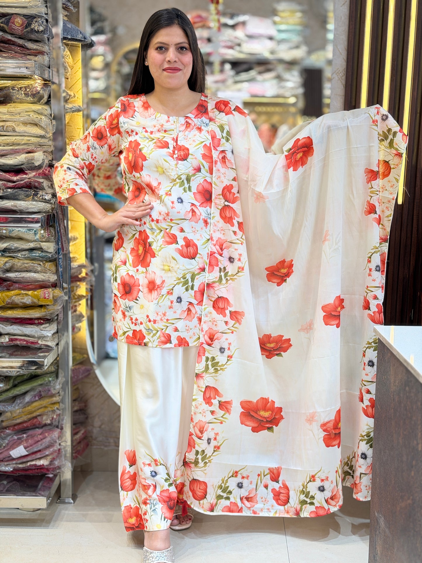 WHITE WITH ORANGE FLORAL FARSHI SALWAR SUIT