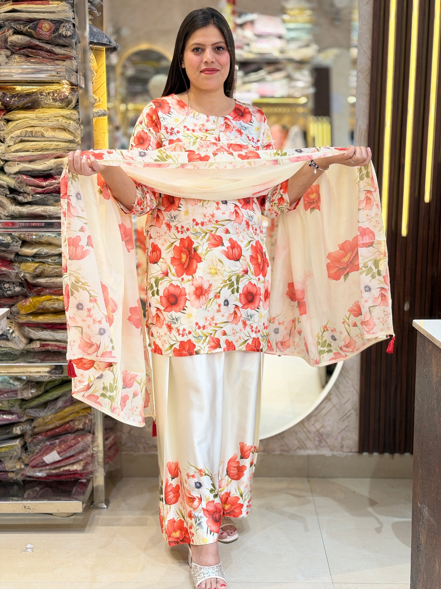 WHITE WITH ORANGE FLORAL FARSHI SALWAR SUIT
