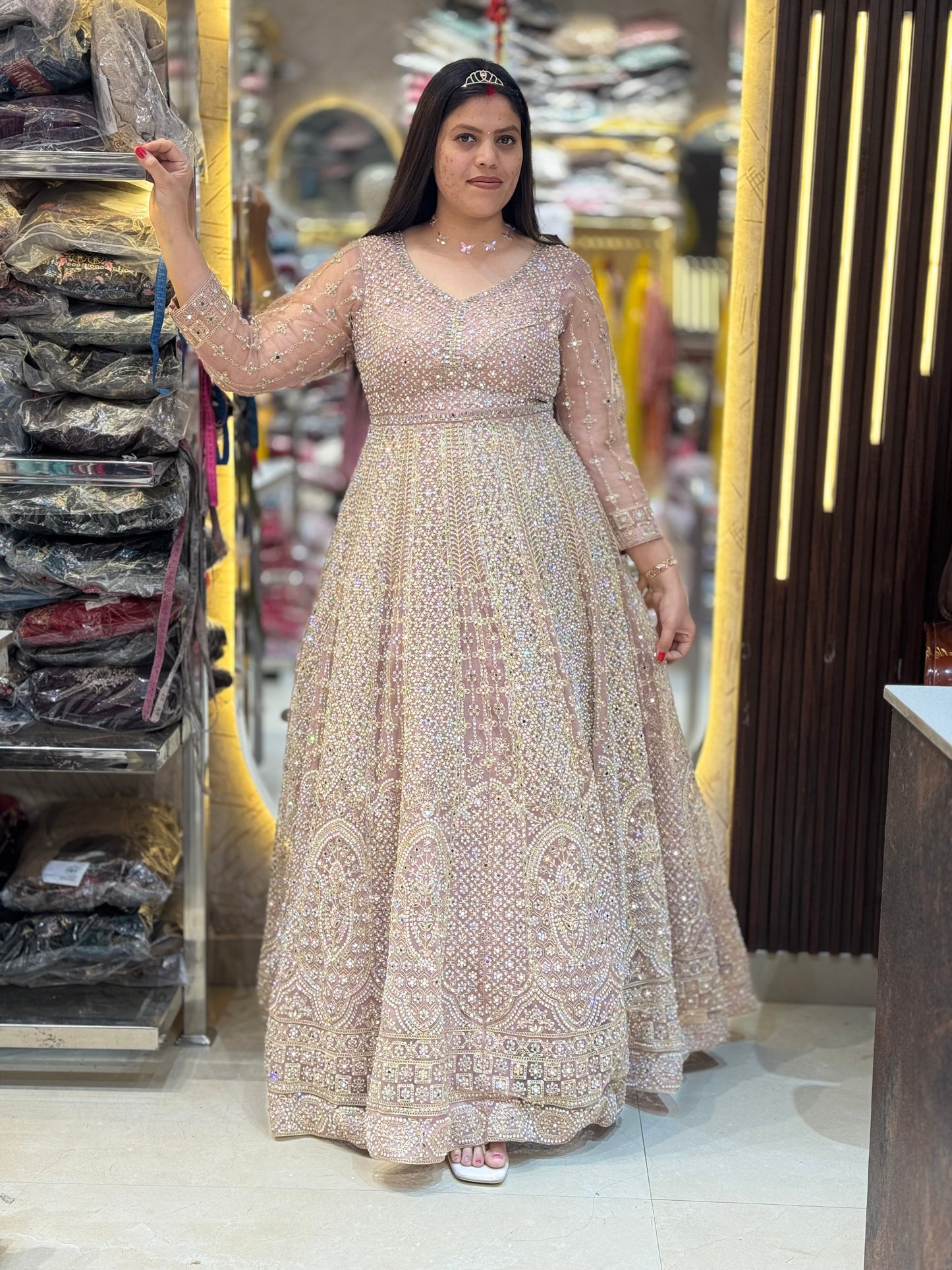 BABY PINK FULL PEAL AND MIRROR WORK FULL FLAIR GOWN