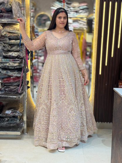 BABY PINK FULL PEAL AND MIRROR WORK FULL FLAIR GOWN