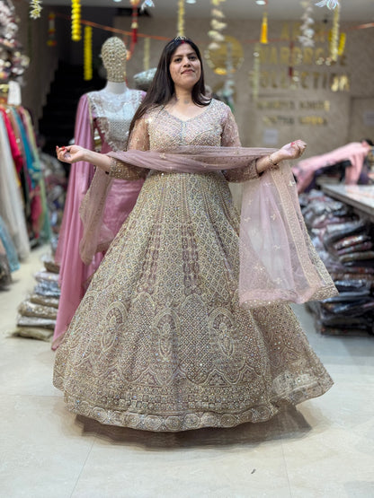 BABY PINK FULL PEAL AND MIRROR WORK FULL FLAIR GOWN