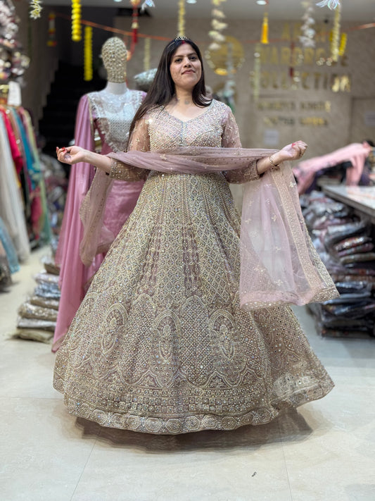 BABY PINK FULL PEAL AND MIRROR WORK FULL FLAIR GOWN