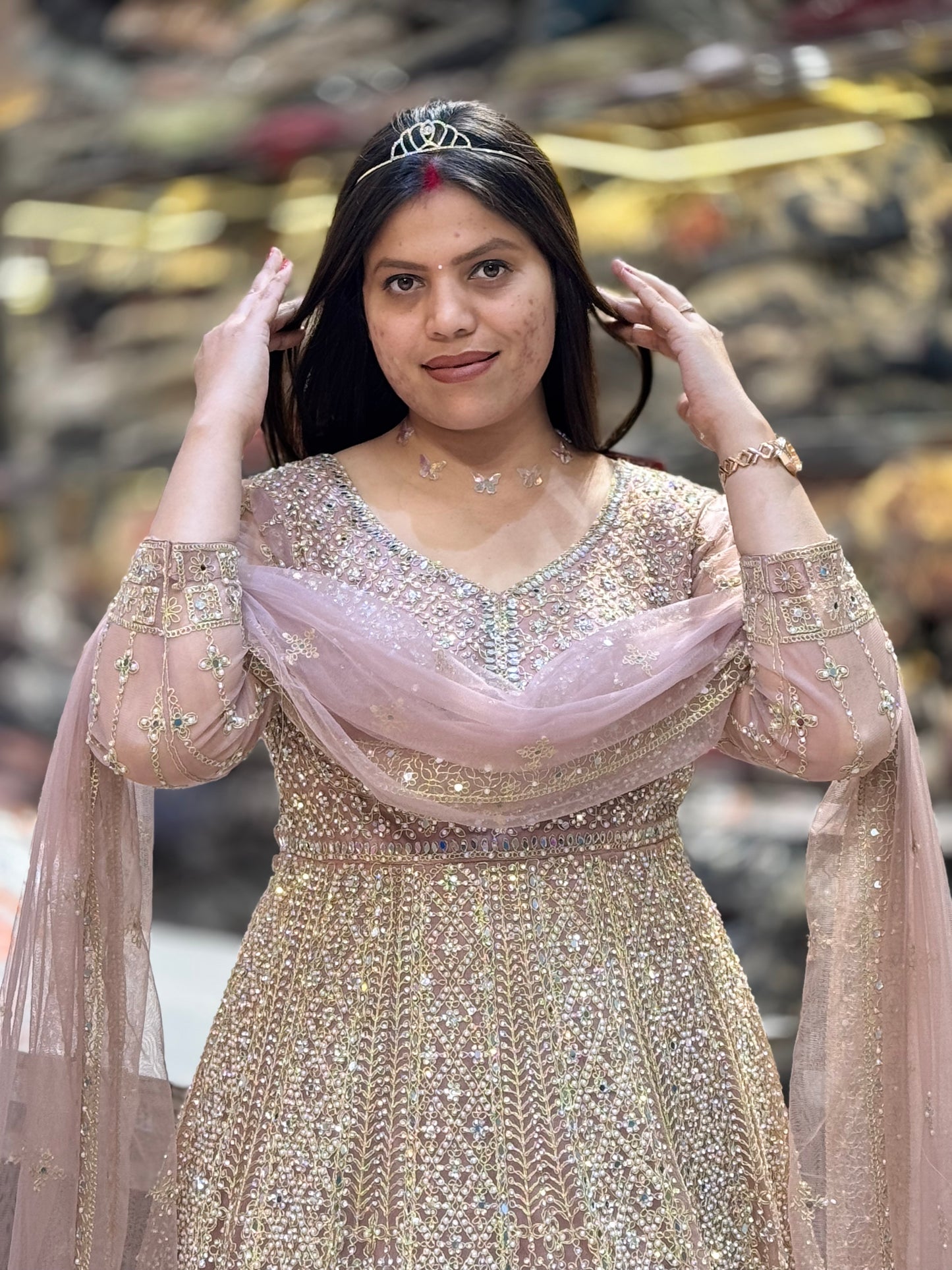 BABY PINK FULL PEAL AND MIRROR WORK FULL FLAIR GOWN