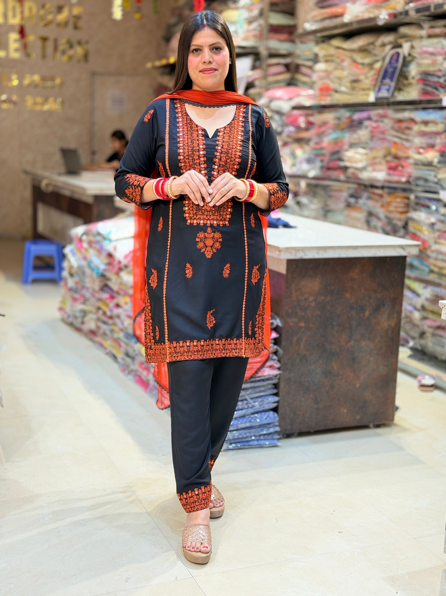 BLACK WITH ORANGE THREAD WORK LAKHNAVI SUIT