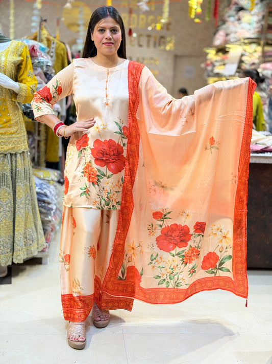 PEACH WITH ORANGE FLORAL FARSHI SALWAR SUIT