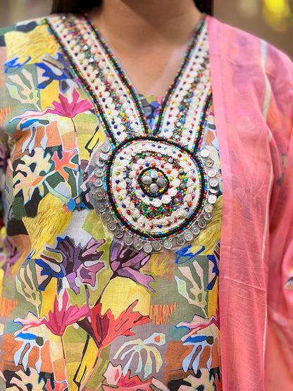 MULTI COLOUR WITH PEACH DUPPTA  FARSHI SALWAR SUIT