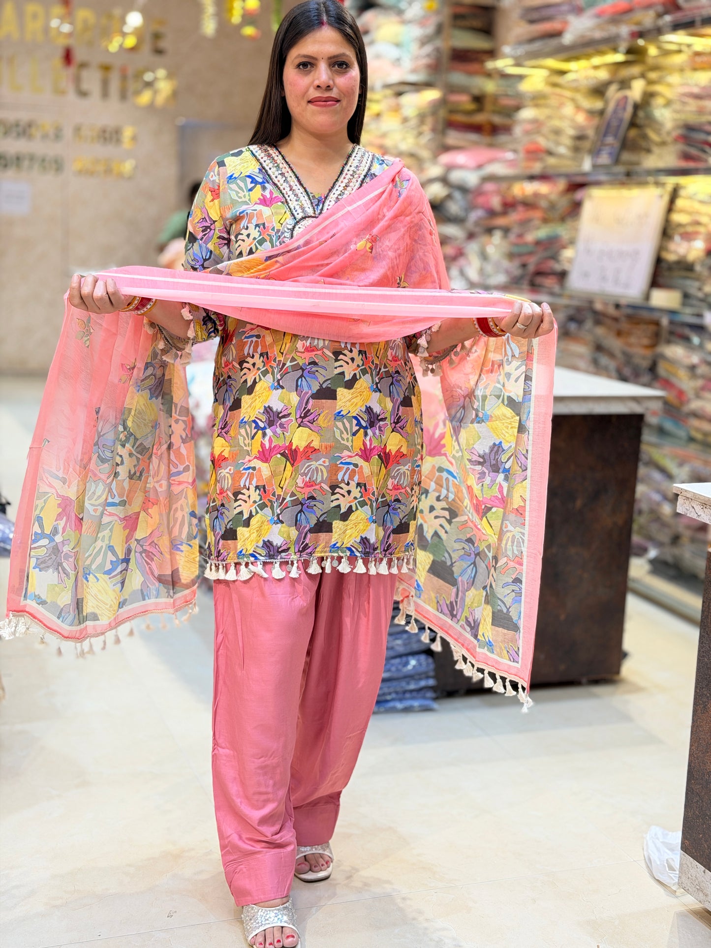 MULTI COLOUR WITH PEACH DUPPTA  FARSHI SALWAR SUIT