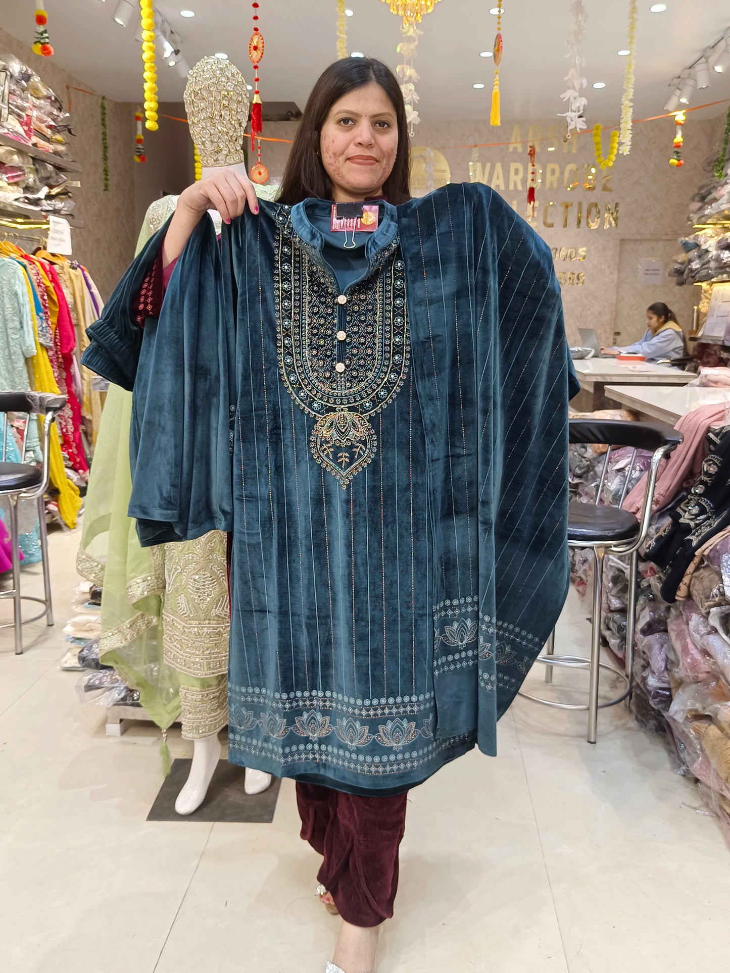 NECK DESIGN WITH BELL SLEEVES PLAZO SUIT