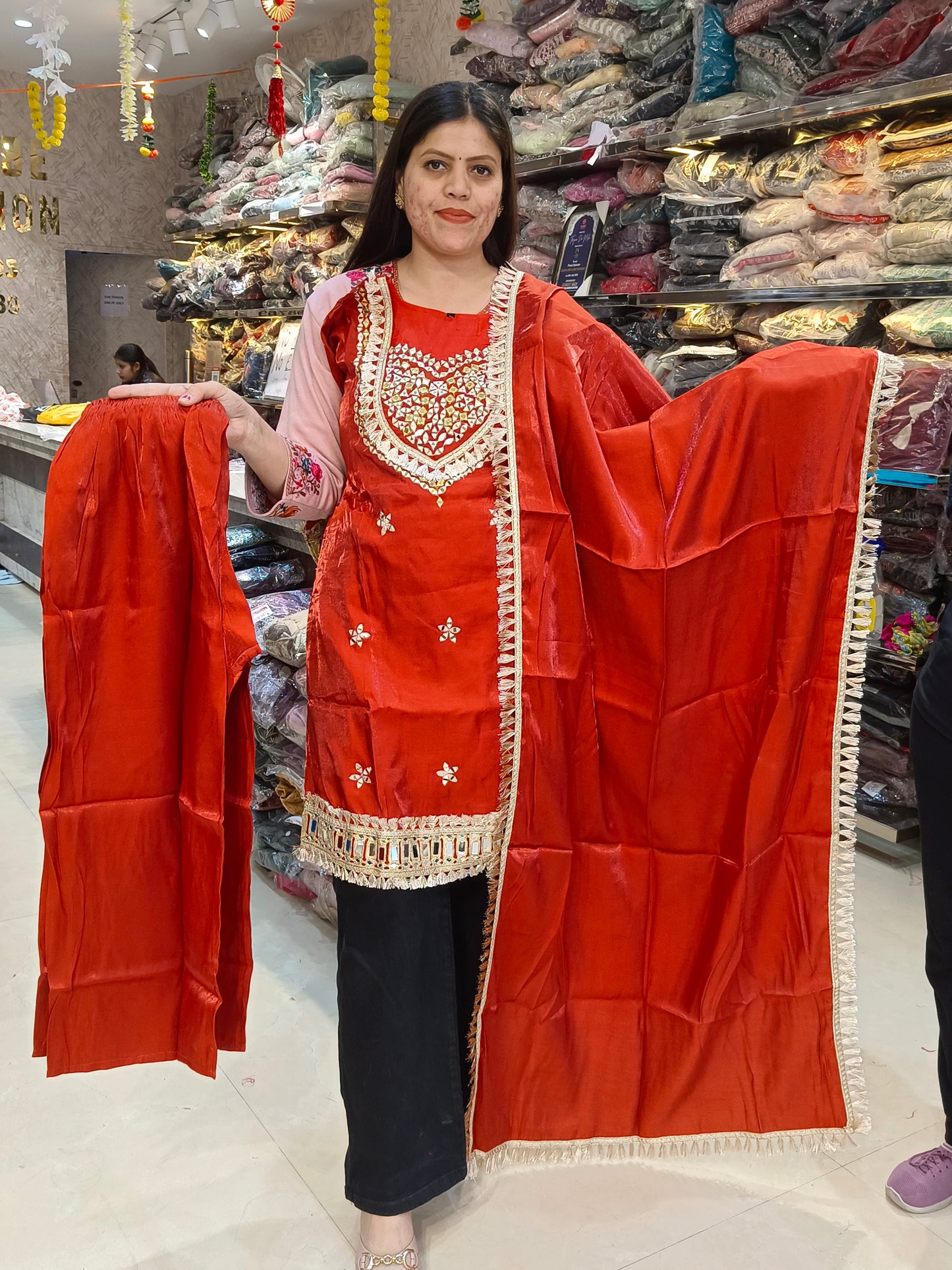 BEAUTIFUL NECK DESIGN GLASS TISSUE PLAZO 3PC SUIT