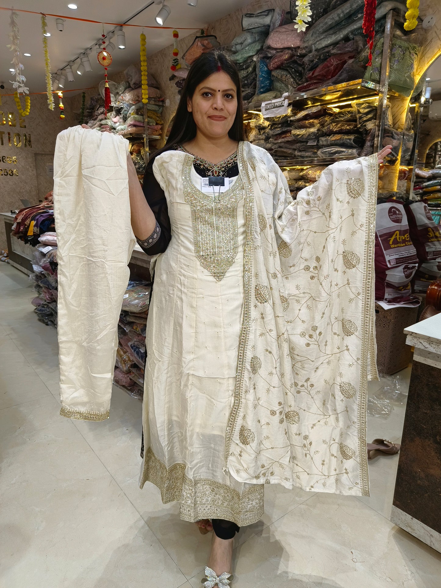 OFF WHITE PREMIUM RASHIAN SILK ANARKALI