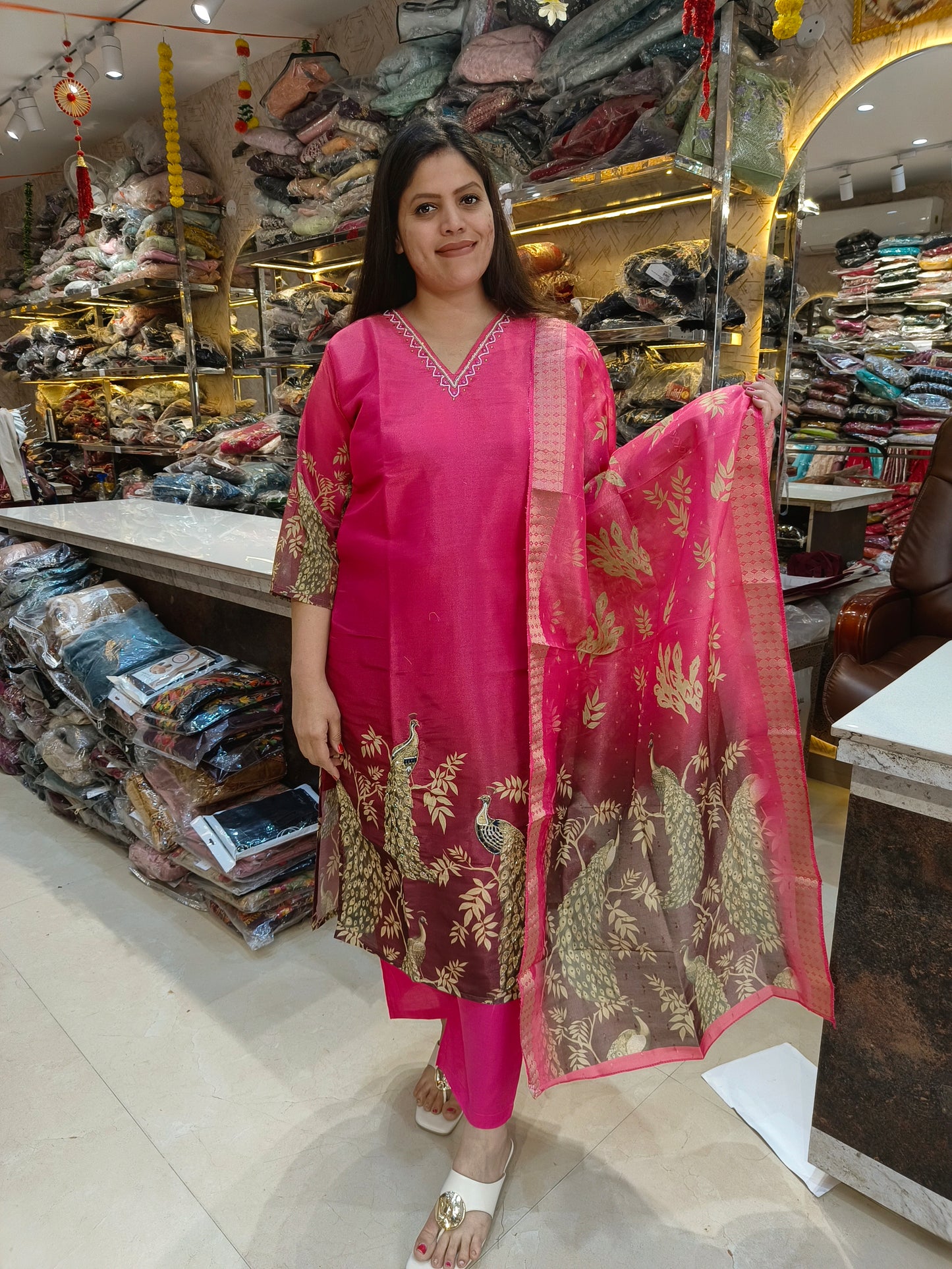 BANARSI NECK WHITE PEARL DESIGN SUIT