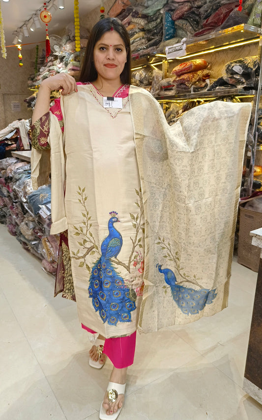 IVORY PEACOCK DESIGN BANARSI SUIT