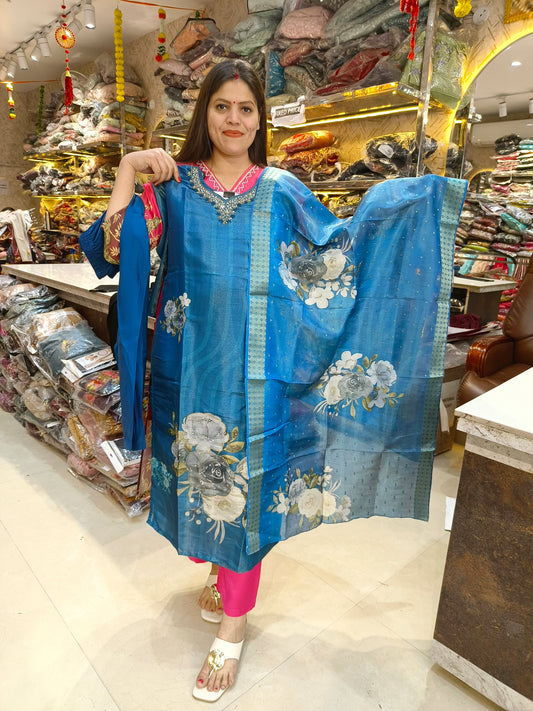 BLUE BANARSI FLORAL DESIGN SUIT