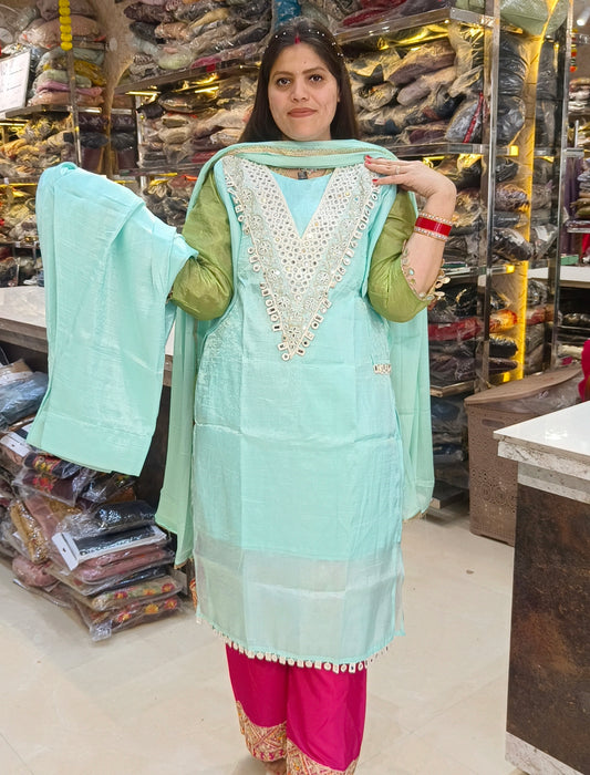 GLASS TISSUE SILVER LASE WITH ORIGNAL MIRROR DESIGN FARSHI SALWAR SUIT
