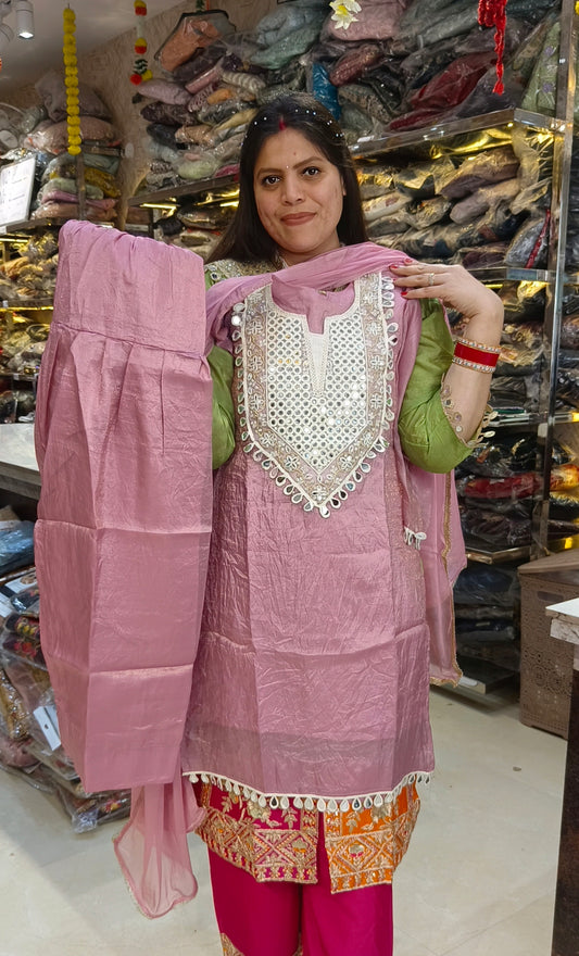 PINK ORIGNAL MIRROR WORK GLASS TISSUE FARSHI SALWAR SUIT