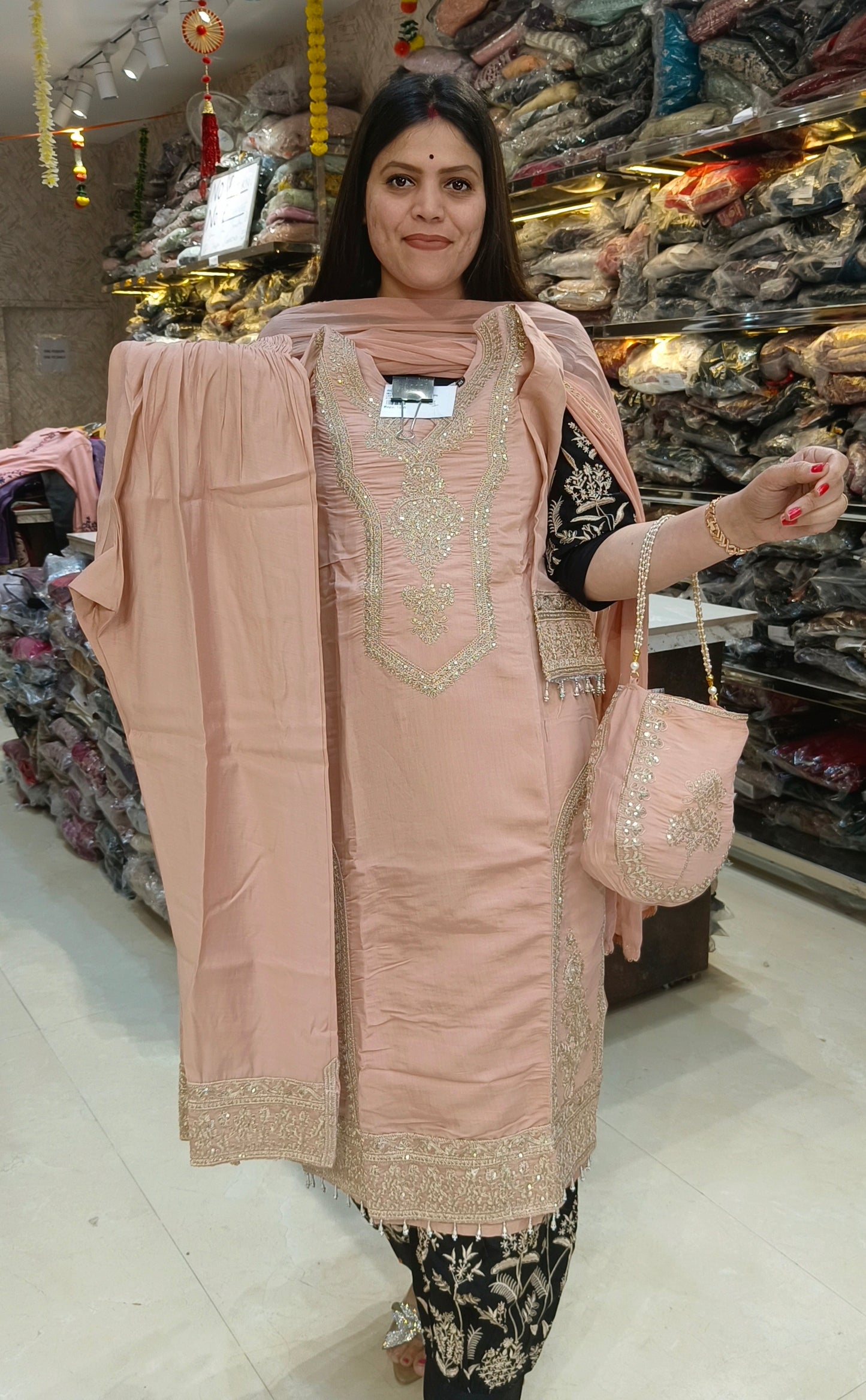 PEACH PREMIUM SILK WITH POTLI 3PC SUIT