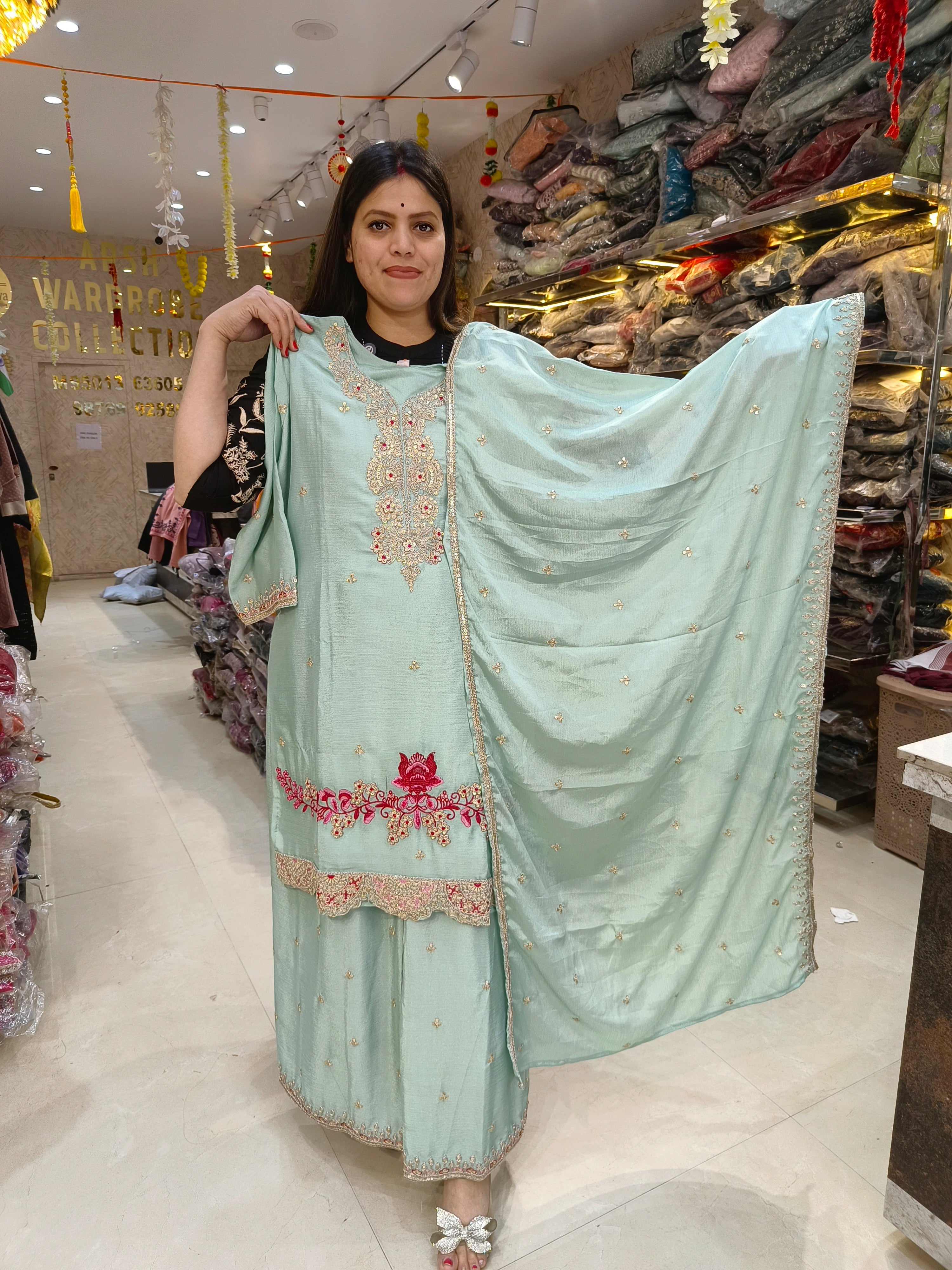 PURE CHINON NECK DESIGN AND LASE WORK 3PC SUIT – Arsh Wardrobe Collection