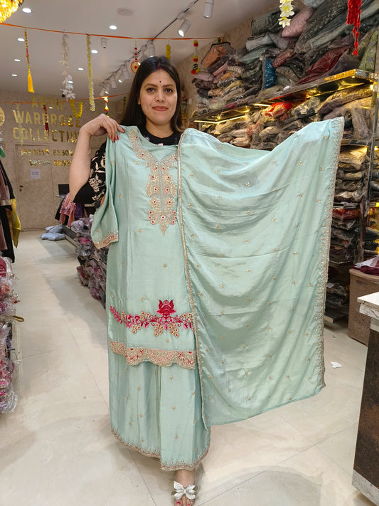 PURE CHINON NECK DESIGN AND LASE WORK 3PC SUIT