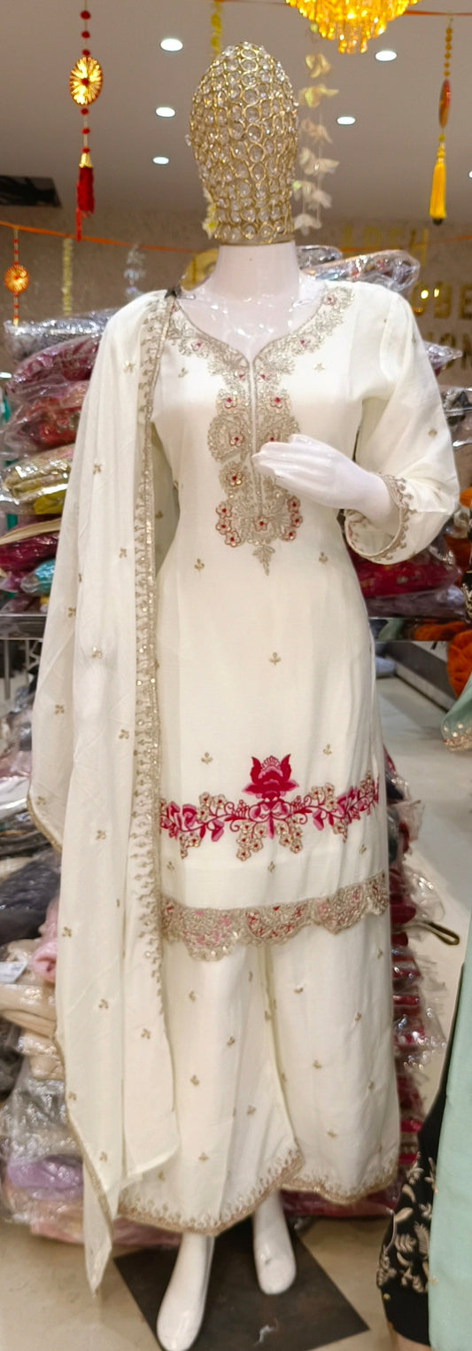 PURE CHINON NECK DESIGN AND LASE WORK 3PC SUIT