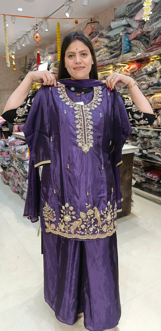 PURPLE PREMIUM SILK FULL TILLA WORK PLAZZO SUIT