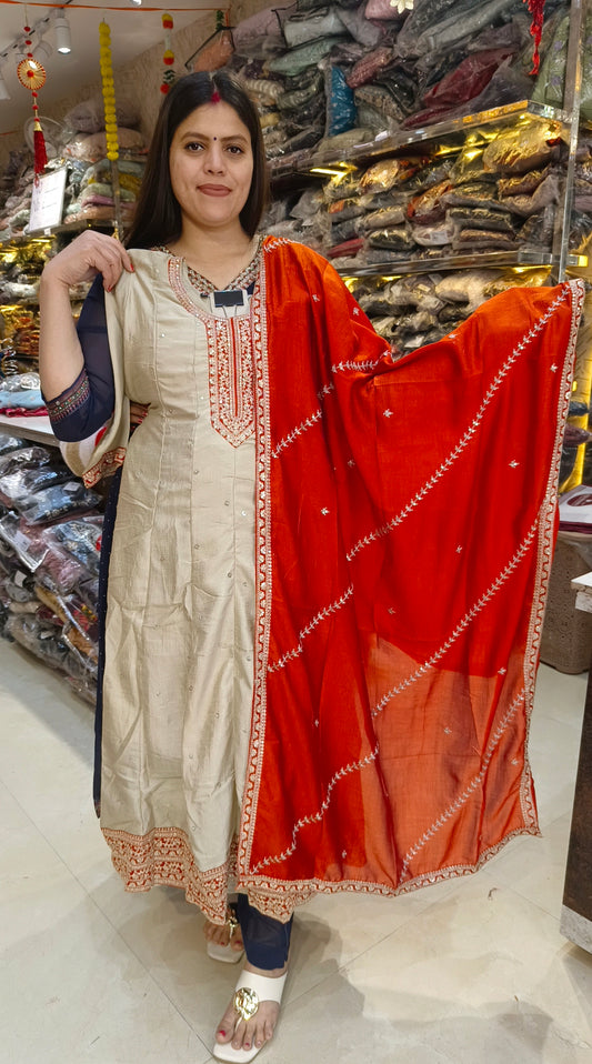 ORANGE CHINON ANARKALI WITH ELEGENT HNAD WORK