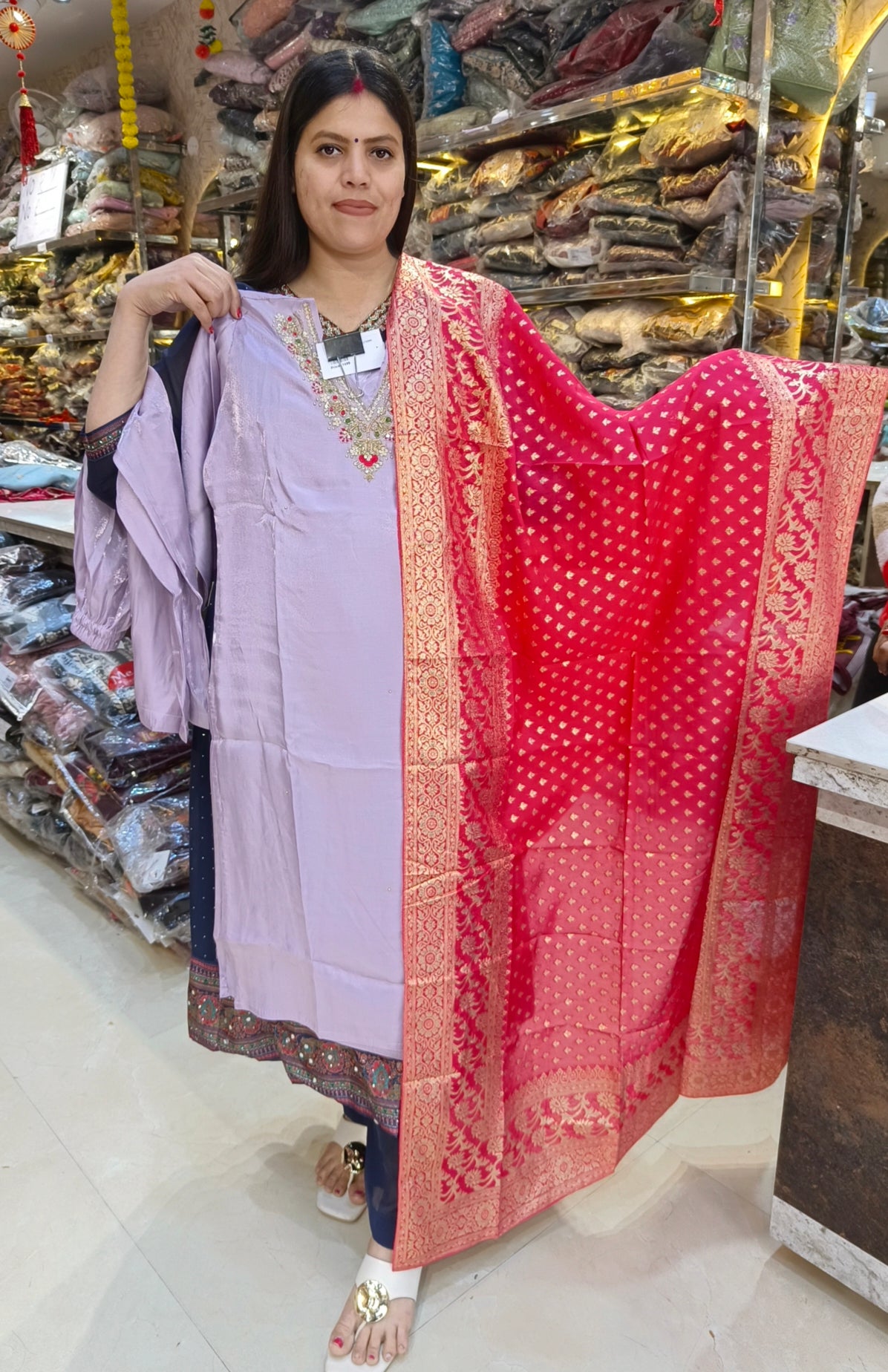 PREMIUM RUSHIAN SILK HANDWORK DESIGN WITH RED BANARSI DUPPTA SUIT