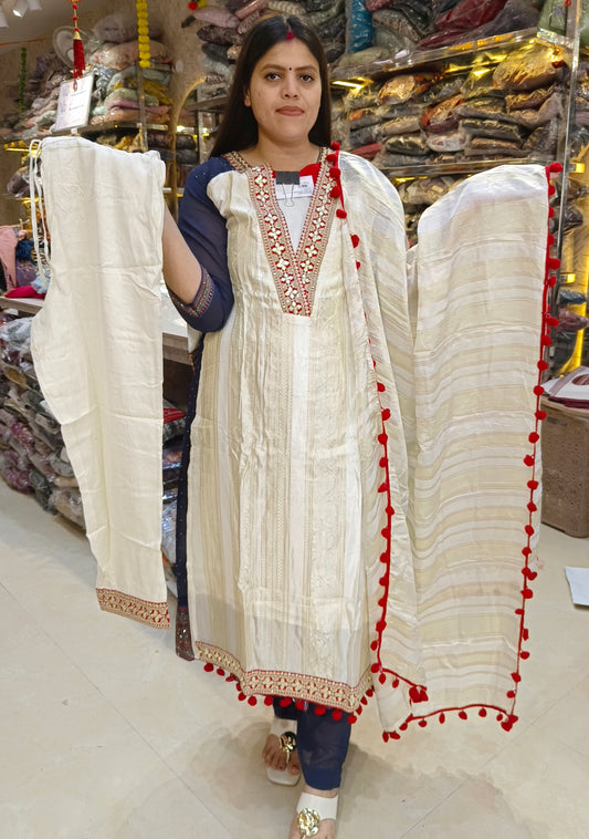 IVORY LASE DESIGN WITH RED LADU DUPPTA DESIGN 3PC SUIT
