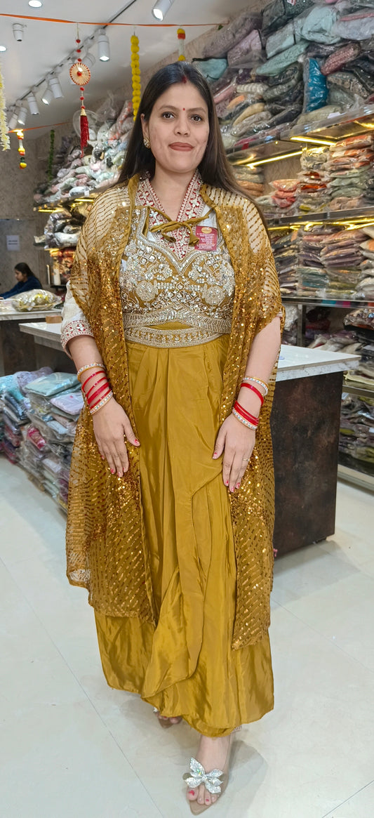 GOLDEN SHORT TOP WITH FULL LENGTH SHRUGH SKIRT DRES