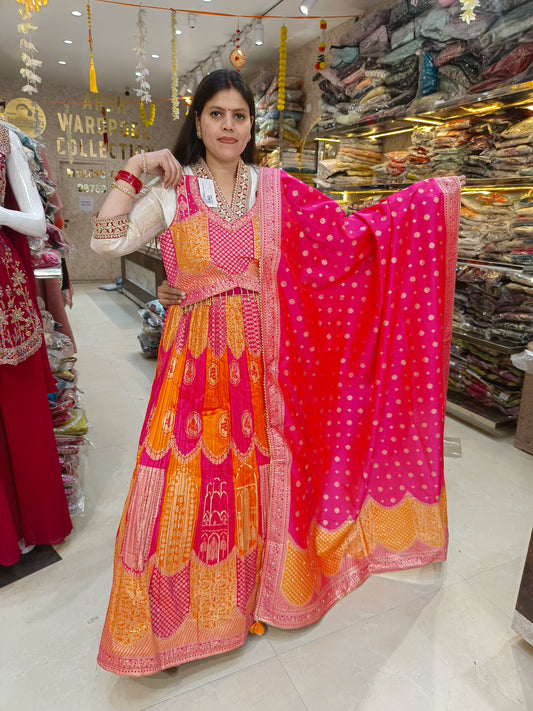 ORANGE PINK DUEL PARTY WEAR BANARSI LEHNGA