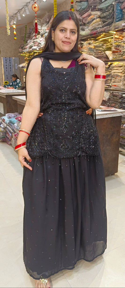 BLACK GEORGET HANDWORK KURTI WITH LEHENGA