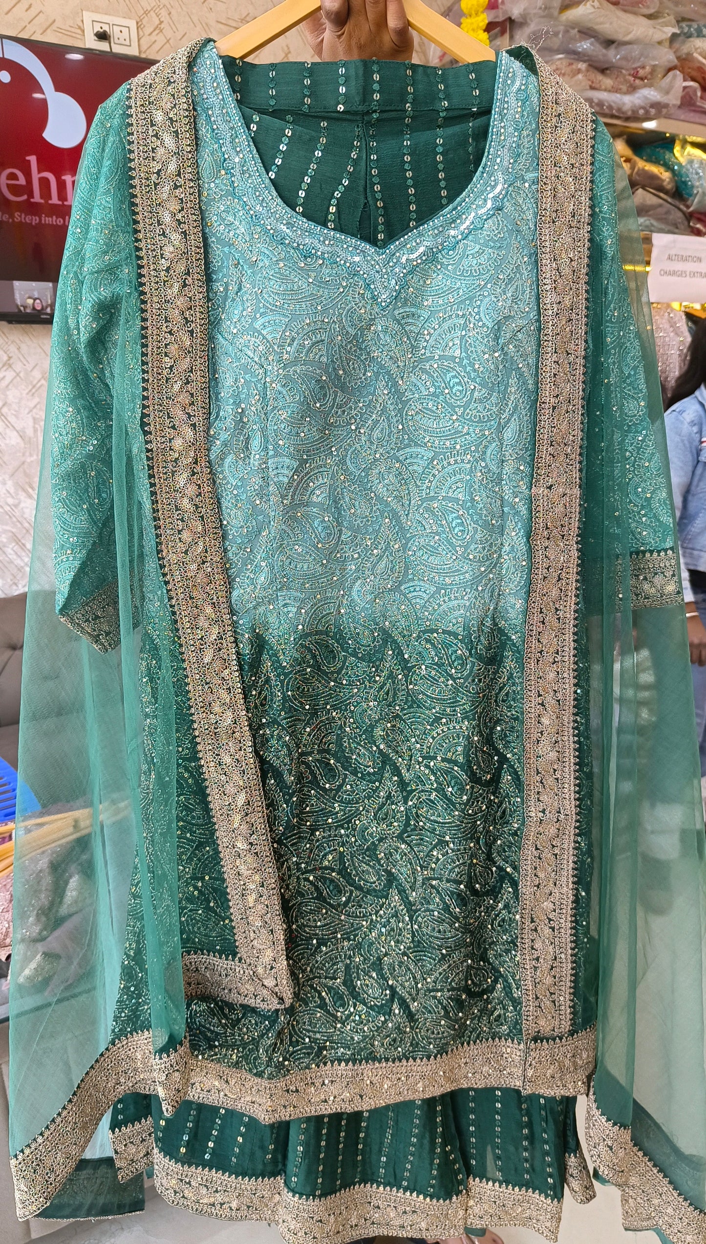 PARTY WEAR PURE CHINON DESIGNER FULL FLAIR JAFFA SUIT