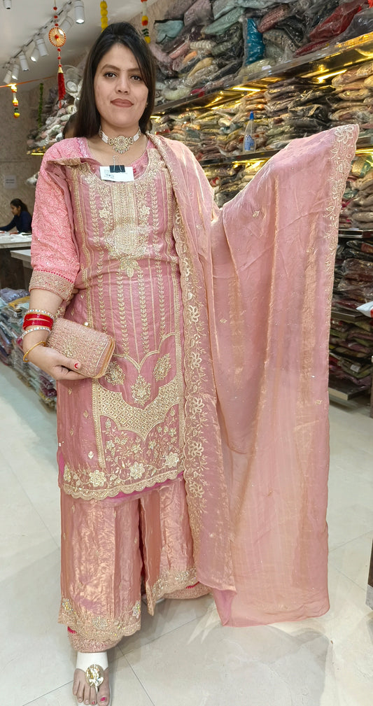 PREMIUM RASHIAN SILK PEARL HANDWORK WITH HANDBAG PLAZO SUIT