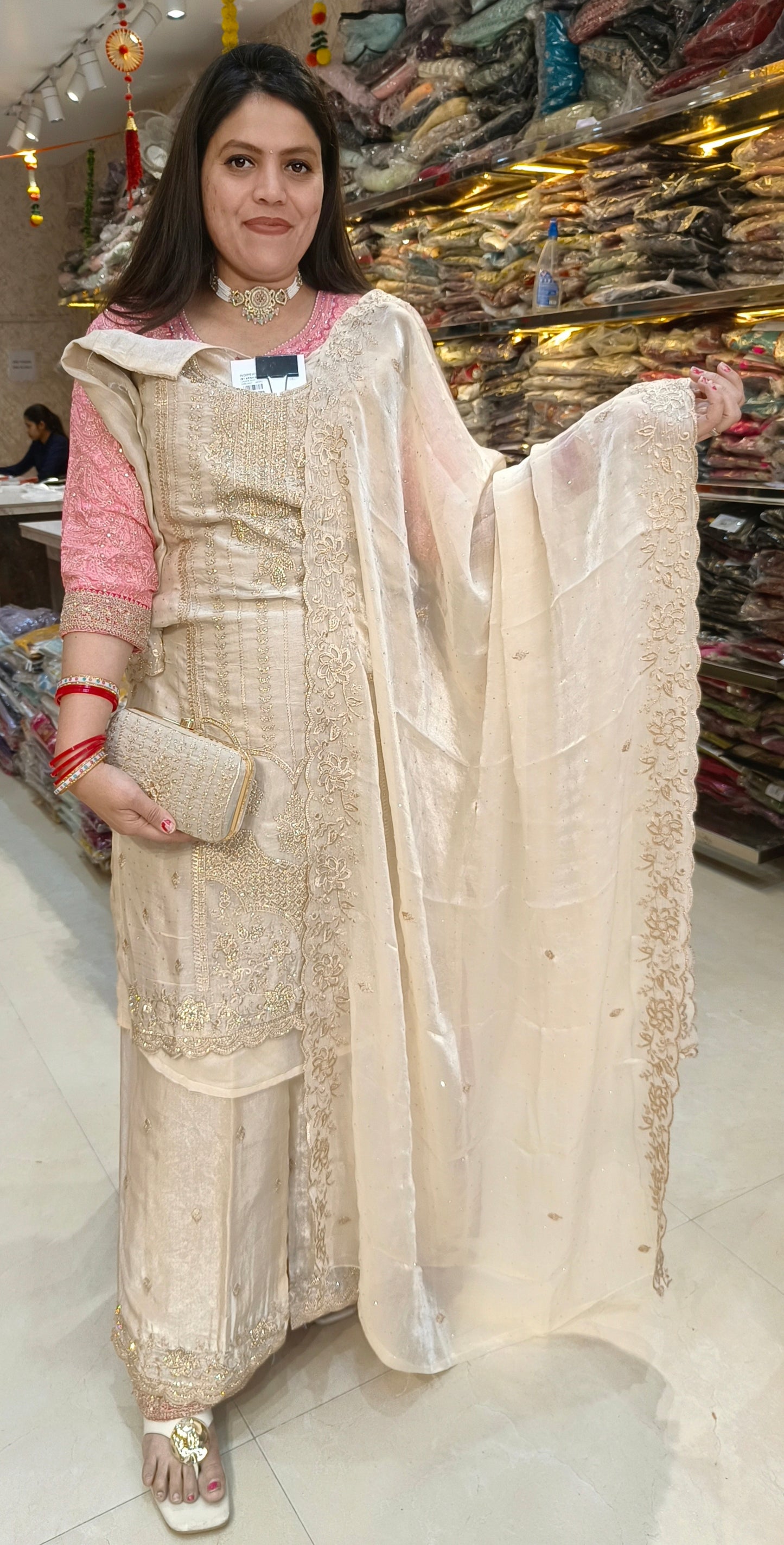 PREMIUM RASHIAN SILK PEARL HANDWORK WITH HANDBAG PLAZO SUIT