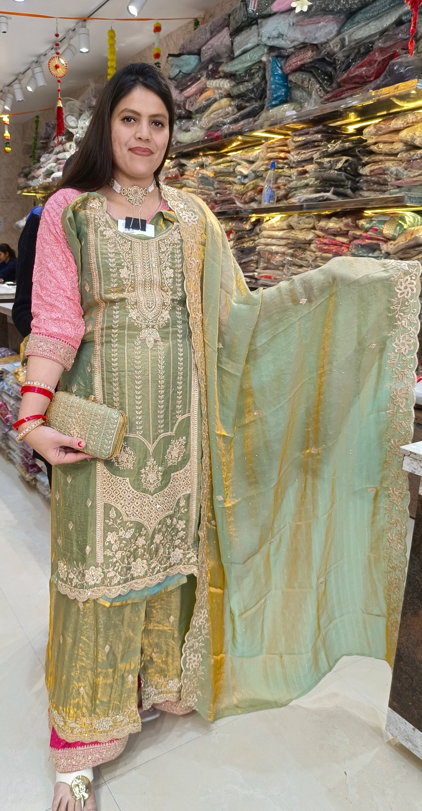 PREMIUM RASHIAN SILK PEARL HANDWORK WITH HANDBAG PLAZO SUIT