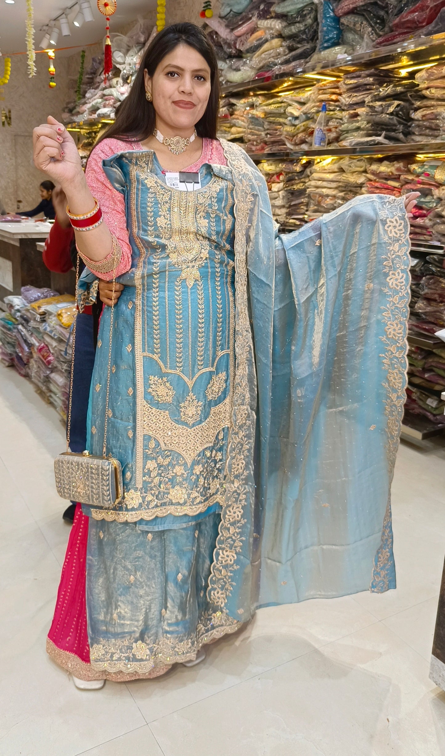 PREMIUM RASHIAN SILK PEARL HANDWORK WITH HANDBAG PLAZO SUIT