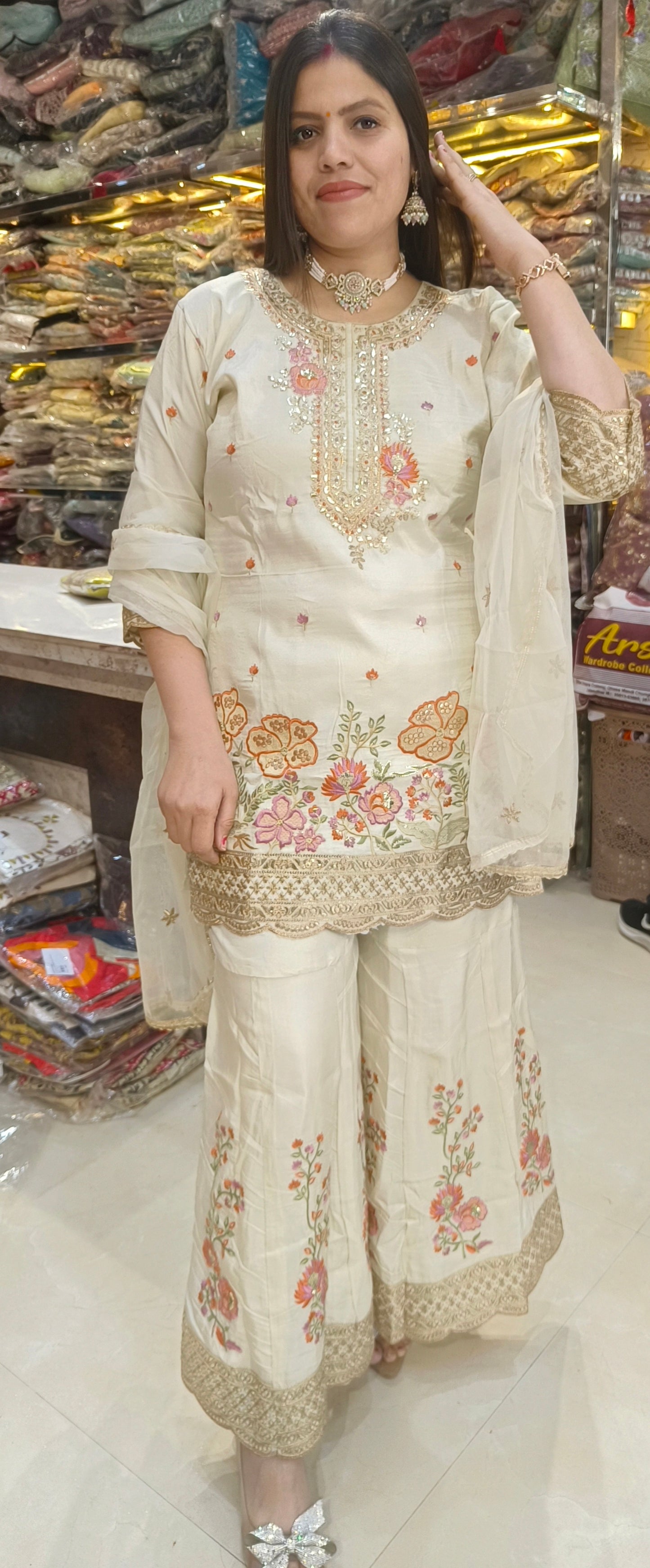 IVORY NECK DESIGN MULTI THREAD PLAZO SUIT