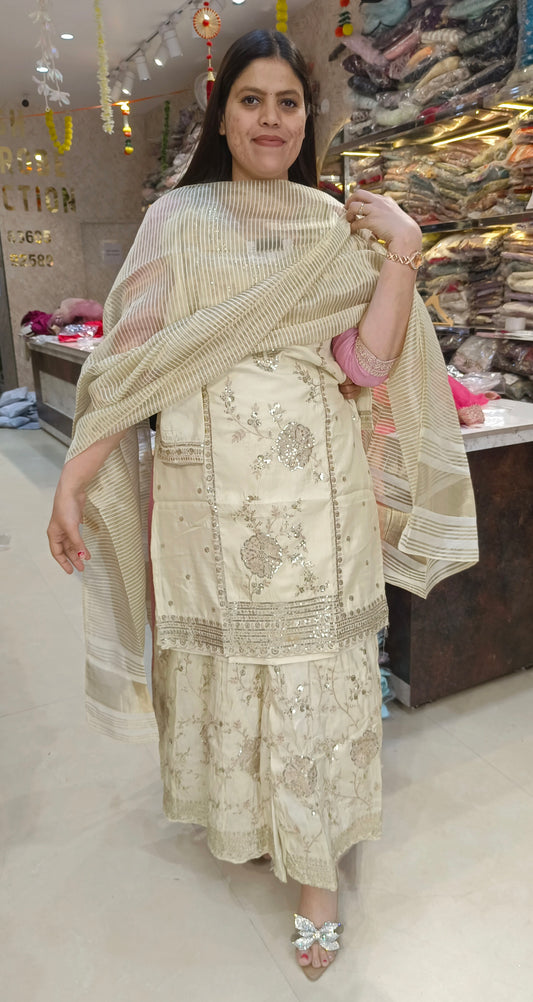 IVORY PURE RUSHIAN SILK SIPPI WORK PLAZO SUIT