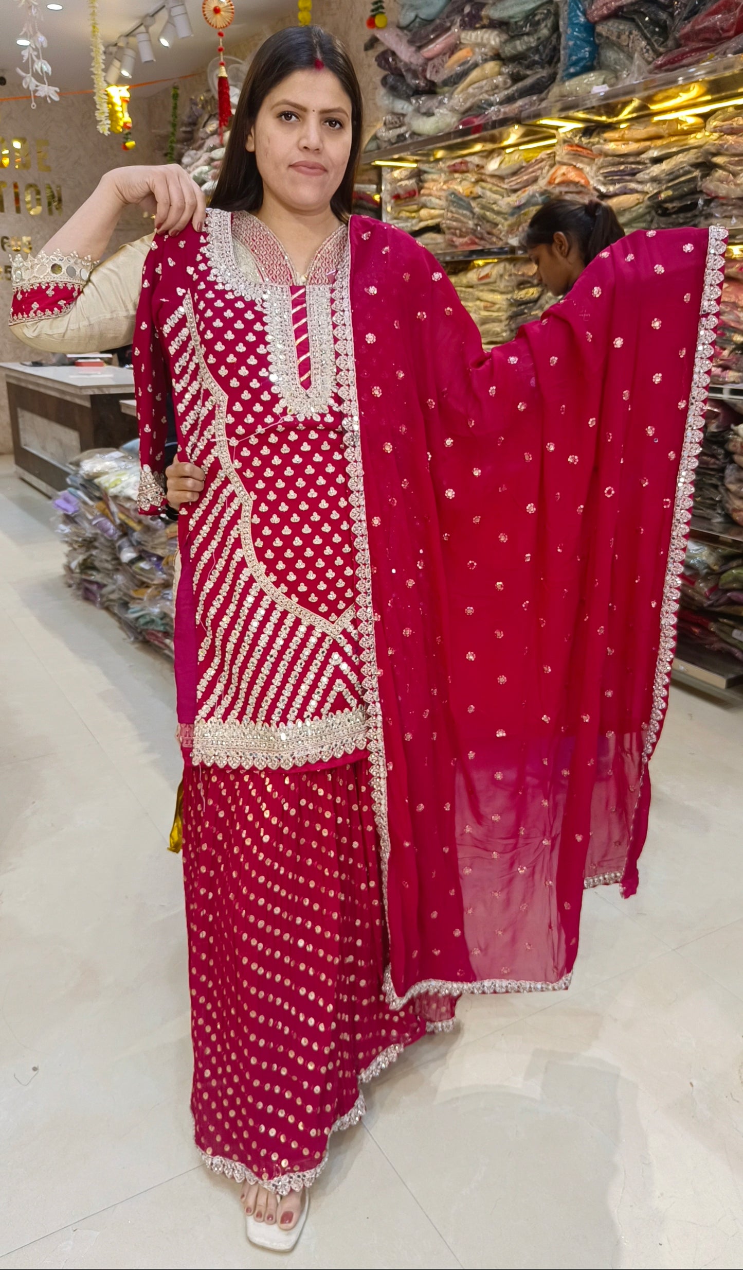PARTY WEAR SHRARA ORIGNAL MIRROR WORK NECK DESIGNER