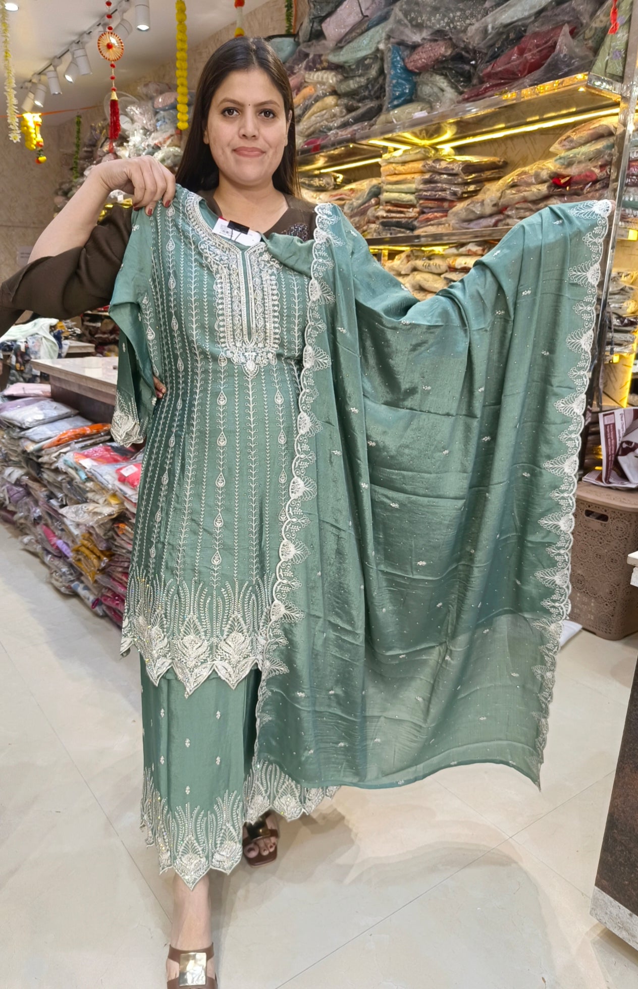 PARTY WEAR FANDY SILK SILVER DESIGN PLAZO SUIT