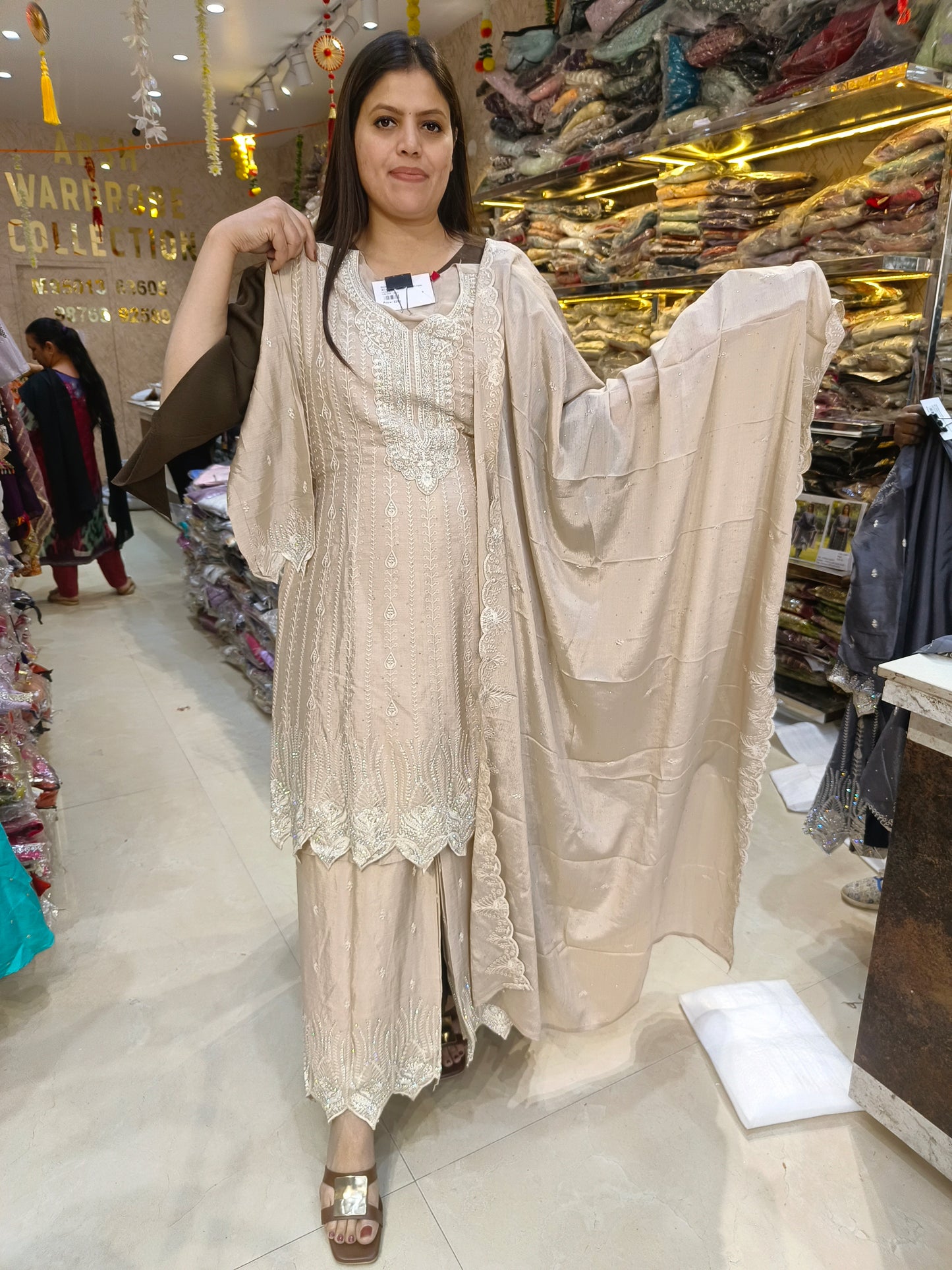 PARTY WEAR FANDY SILK SILVER DESIGN PLAZO SUIT