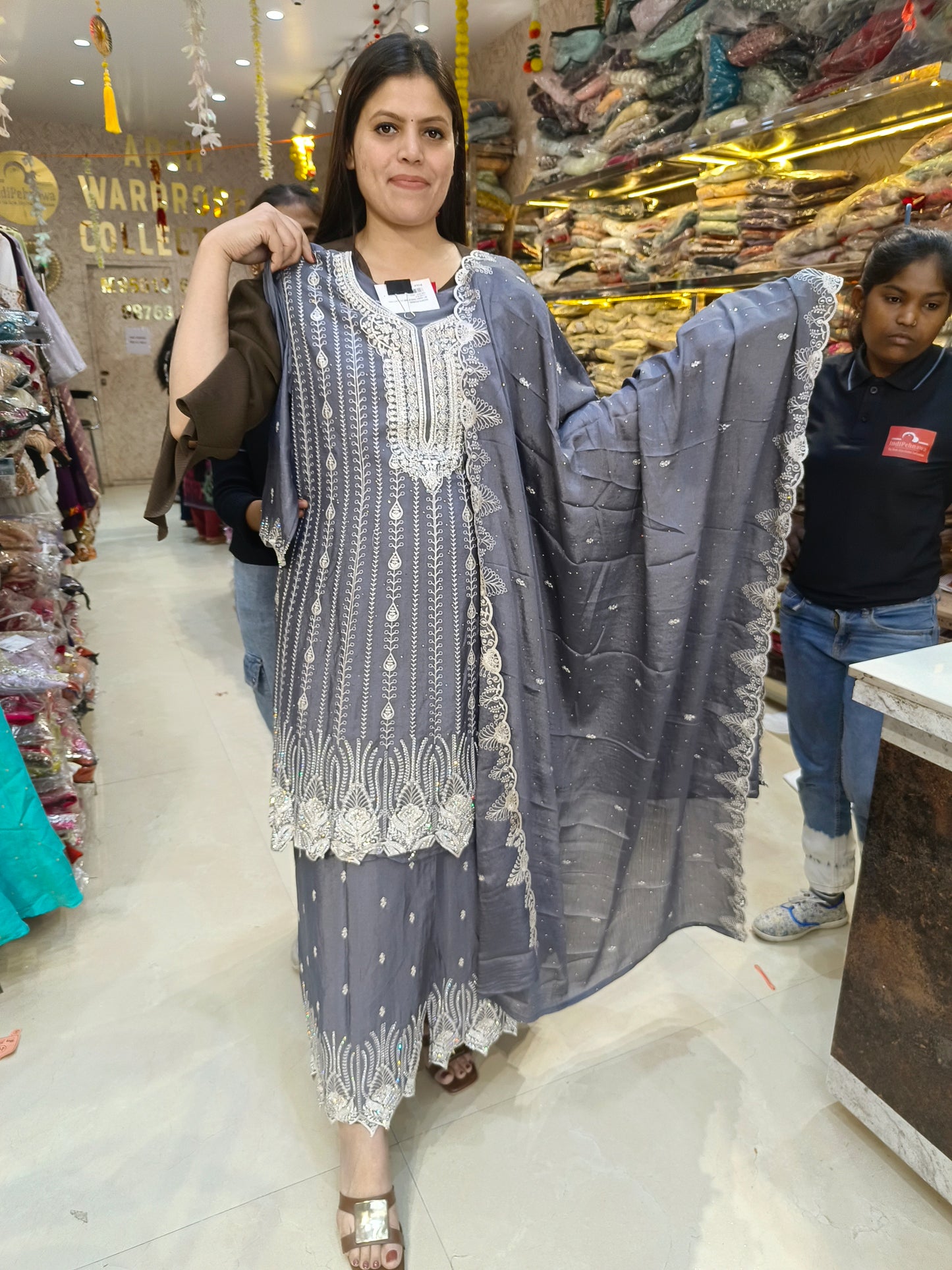 PARTY WEAR FANDY SILK SILVER DESIGN PLAZO SUIT