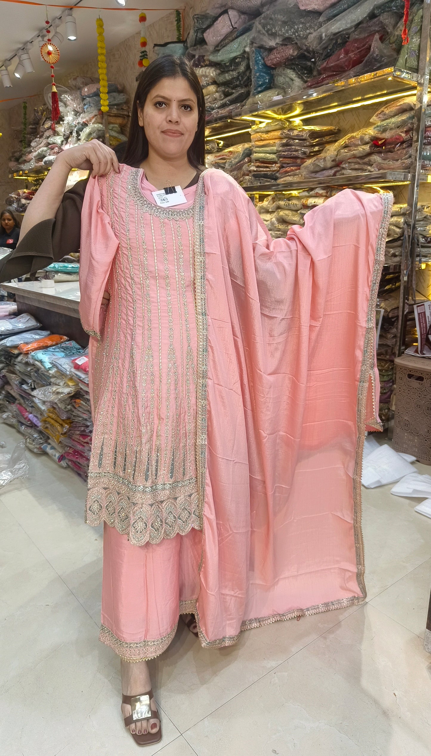 PARTY WEAR NECK DESIGN FULL TILLA WORK PEMPLUM WITH PLAZO SUIT