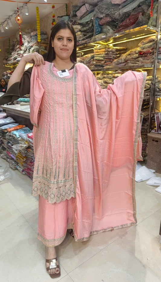 PARTY WEAR NECK DESIGN FULL TILLA WORK PEMPLUM WITH PLAZO SUIT