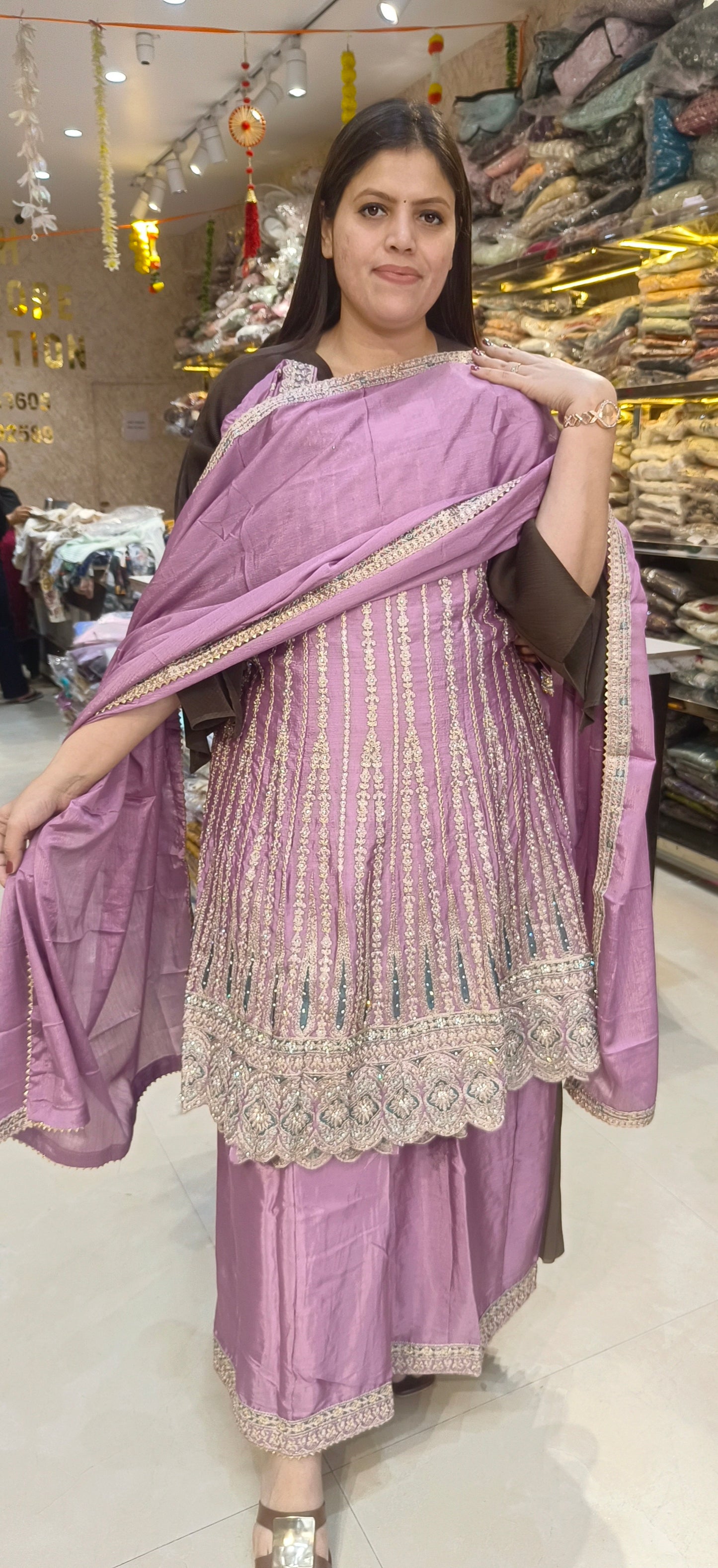 PARTY WEAR NECK DESIGN FULL TILLA WORK PEMPLUM WITH PLAZO SUIT