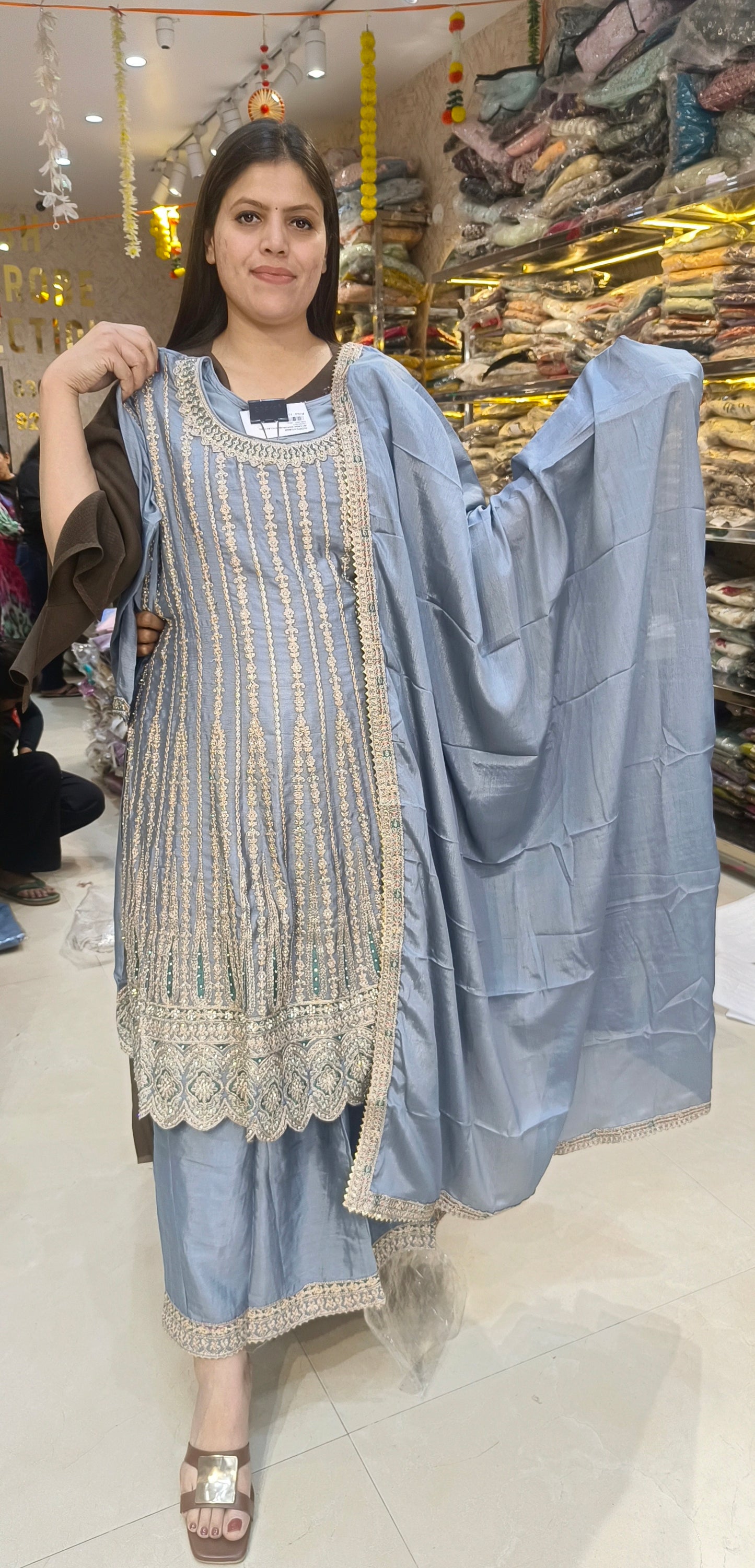 PARTY WEAR NECK DESIGN FULL TILLA WORK PEMPLUM WITH PLAZO SUIT