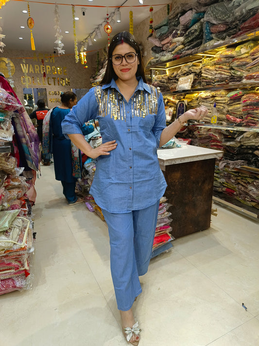 BEAUTIFUL GOLDEN SIPI WORK DESIGN ON TOP DENIM CORDSET